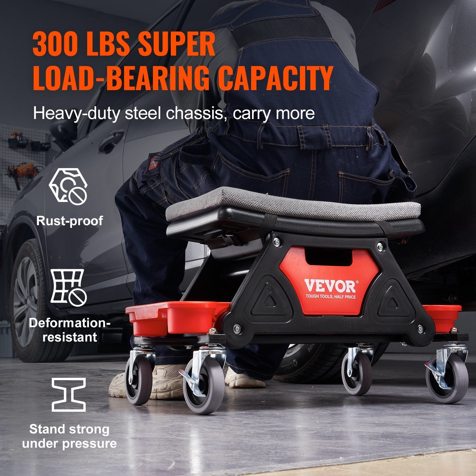 VEVOR Mechanics Stool, 300 LBS Capacity Rolling Mechanic Seat with 4" Wheels, with Three Slide Out Tool Trays and Drawer, Heavy Duty Roller Creeper Seat for Home Garage DIY Automotive Doba